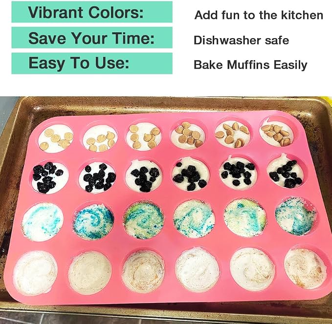 2PCS Silicone Mini Muffin Pan, 24 Cups Cupcake Pan for Baking, Mini Muffin Baking Pan for Cakes, Tart