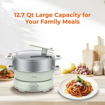Rosewill 12.7 QT Electric Hot Pot Slow Cooker with Multiple Functions, Split Design with 11.8 inch Wider Cooking Pot and SUS Steam Basket, 1600W High Power, Includes Utensils - Light Green