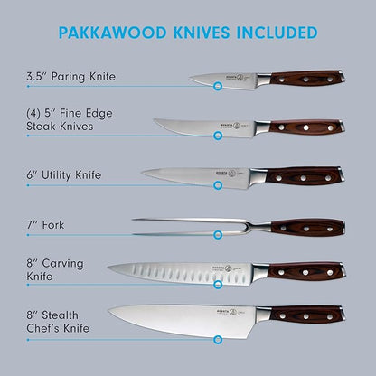 Messermeister Avanta Forged 10-Piece Pakkawood Knife Block Set - Oprah's Favorite Things - German X50 Stainless Steel - 4 Speciality Knives, Heavy-Weight Fork, 4 Steak Knives & Magnetic Knife Block