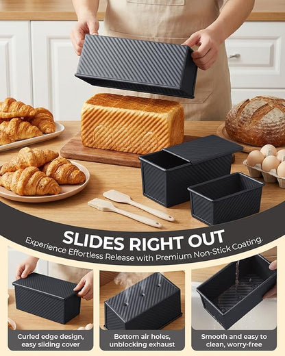CARTMAN 3-Piece Pullman Loaf Pan with Lid Set – Non-Stick Carbon Steel Bread Pan with Bottom Vents – Includes Large (12"), Medium (8") & Mini (7") Sizes plus Silicone Tools – Classic Black