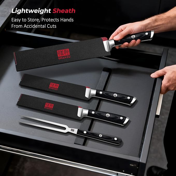 SHAN ZU 3Pcs BBQ Carving Knife Set with Sheath – for Turkey, Meat, BBQ, Brisket, Razor Sharp Slicing Knife, Professional 5Cr15MoV Stainless Steel, Ergonomic Full Tang Wood Handle, Gift Box Included