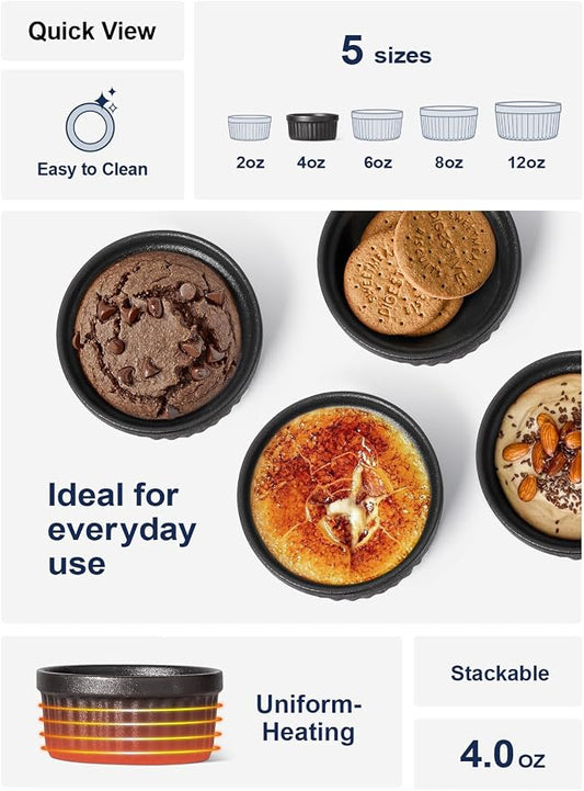 LE TAUCI Ramekins 4 OZ Oven Safe, Creme Brulee Ramekins, Pudding Custard Cups Souffle Ramiken, Dipping Sauce Dishes, Ceramic Ramekin Bowls Set of 6, Matte Black