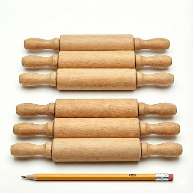 8-Inch Premium Kids Mini Rolling Pins (6-Pack) Splinter-Free, Non-Stick Hardwood for Baking, Sensory Crafts, Play-Doh, Clay, Therapeutic Fine Motor Skills for Toddlers, Great Gift for Children
