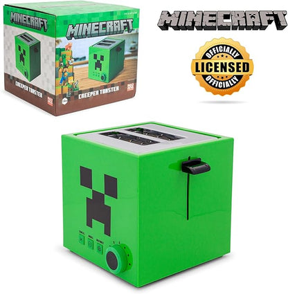 Minecraft Green Creeper 2-Slice Toaster For Bagels, Waffles, and Breads | Features 6 Settings With Defrost Option | Imprints Creeper Symbol On Bread