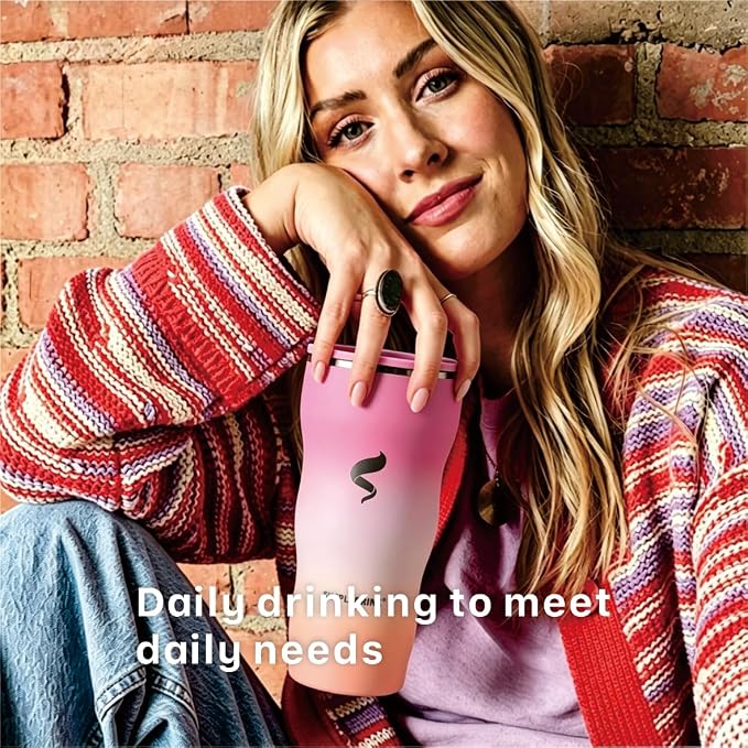30 oz Stainless Steel Insulated Tumbler with Straw and Lid, Double Wall Vacuum Travel Cup, Spill Resistant, Fits Most Cup Holders, for Water, Iced Coffee and Hot Drinks,Blush Pink Ombre