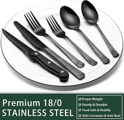 EWFEN 24-Piece Black Silverware Set with Steak Knives, Black Flatware Set for 4, Food-Grade Stainless Steel Tableware Cutlery Set, Mirror Finished Utensil Sets for Home Restaurant, Roman Column