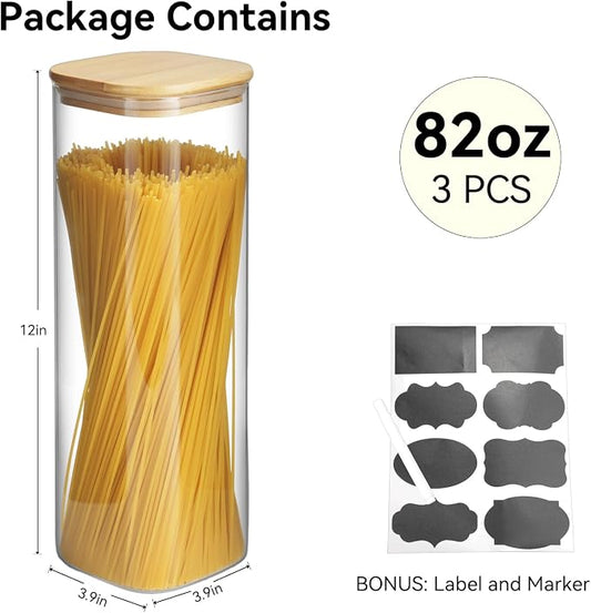 Glass Spaghetti Pasta Storage Container - 3 Pack 2.5 QT Airtight Food Storage Jar Set with Bamboo Lid Labels -Tall Square Kitchen Pantry Canister Organizers for Noodle Cookies Flour Cereal Coffee Bean