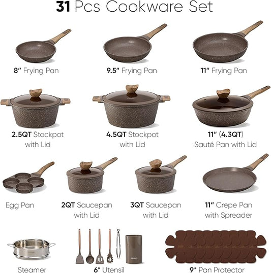 CAROTE 31pcs Pots and Pans Set Non Stick, Cookware Set Pots and Pans, Nonstick Kitchen Cooking, Induction Cook Ware, PFOA Free