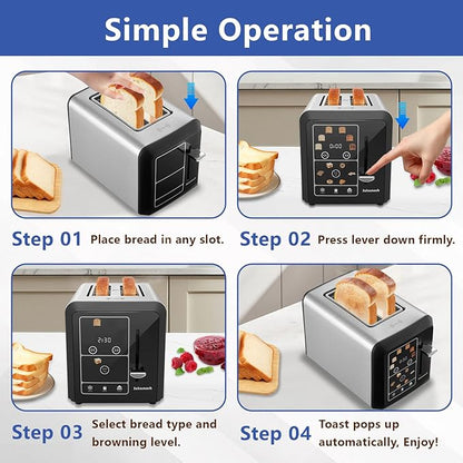 SAKAMOSH 2 Slice Touch Screen Toaster 1.3" Wide Slots for Bagels, Smart Digital Display Toaster with 6 Browning Levels & 6 Bread Types, Memory, Defrost, Reheat, Stainless Steel, 800W