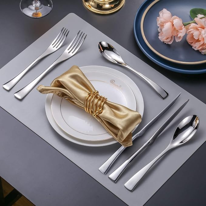 Lemeya 24-Pieces Silverware Set with Steak Knives,Heavy Duty 18/10 Stainless Steel Flatware Set for 4,Modern Cutlery with Forged Stand Knives,Mirror Polished,Dishwasher Safe
