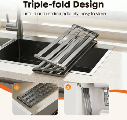 Foldable Over Sink Dish Drying Rack, Extra Wide & Thick Rust-Proof Aluminum Sink Cover for Counter Space, Collapsible Dish Drying Rack Fits Most Kitchen Sinks (Gray, 20.5“x13.6)