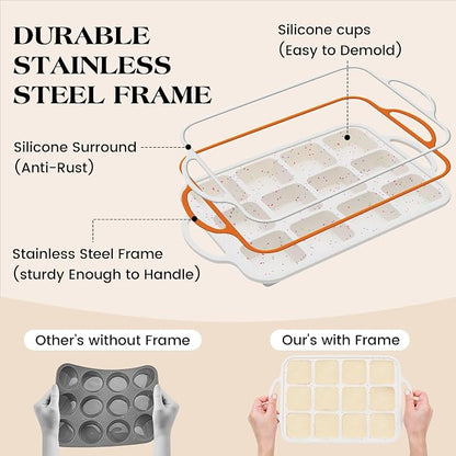 1 Pc Brownie Pan with Dividers Silicone Nonstick Mini Individual 12 Cup Square Muffin Cupcake Pans with Metal Frame(Cream)