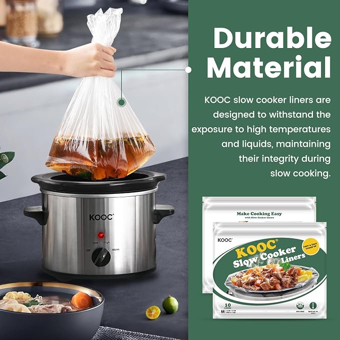 KOOC Slow Cooker Liners 11"x17" 10 count Middle Size Disposable Plastic Bags Pot Liners Cooking Bags Fit 3 qt to 4 qt Pot BPA Free