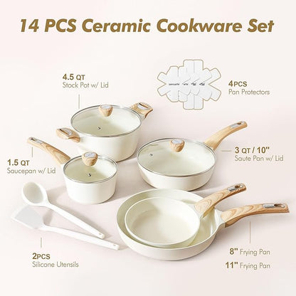 SENSARTE Ceramic Cookware Sets, Pots and Pans Set Non stick, 14 Piece Induction Cookware, Non toxic Healthy Non Stick Kitchen Cooking Set, with Frying Pans Set, PFAS PTFE PFOA PFOS Free