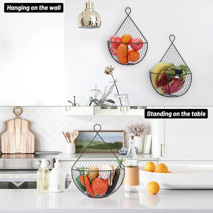 BSTKEY Set of 2,Wall-Mounted Hanging Metal Fruit Vegetable Baskets Hanging Produce Bins for Flowers, Decorations,Veggies,Decorations and More, Black