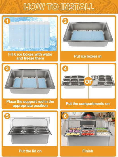 Pizza Topping Station Stainless Steel Spice Organizer Salad Bar Buffet Station with Spoons Ice Boxes Buffet Containers Set for Sauce Jam Ingredient Kitchen Restaurant Pantry