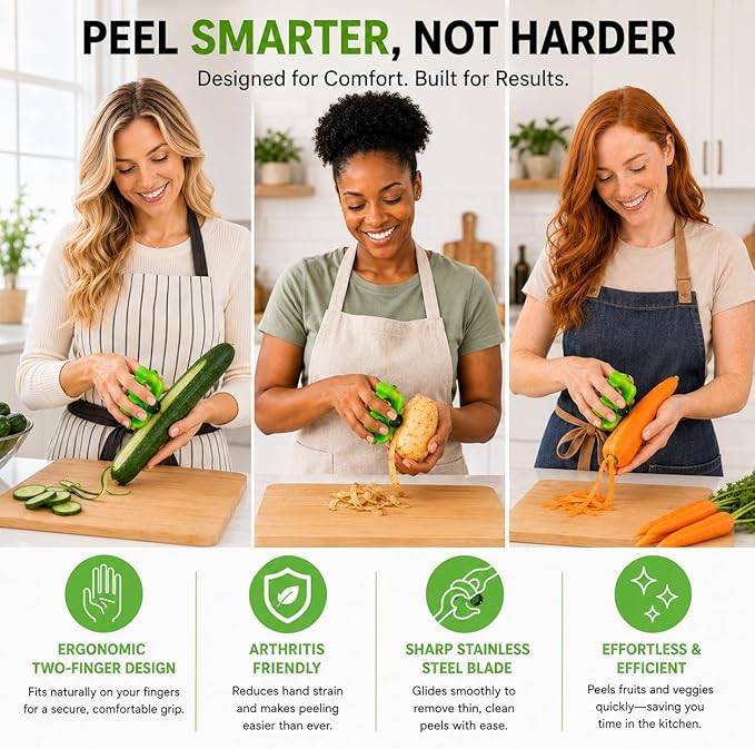 2 Finger Vegetable Peeler Easy Grip Safe Ergonomic Fruit & Potato Peeler for Arthritis Hands, Non Slip Kitchen Gadget for Carrots, Apples & Cucumbers with Stainless Steel Blade