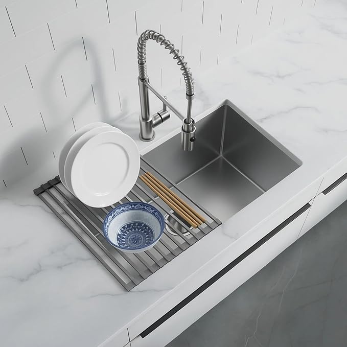 Dowell Over The Sink Roll-Up Dish Drying Rack, Foldable Tube Design, Space Saving Sink Organizer, Sturdy, Easy to Clean, Stylish Look - Triangle+Rectangular - Full Silicone
