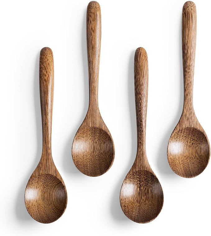 4 PCS Wooden Spoons for Honey, 6.7 inch Small Wooden Spoons - Terrific for Tea, Coffee & Soup, Little Padauk Wood Serving Table Spoon Set, Bulk Bamboo Teaspoon for Eating with Unique Design