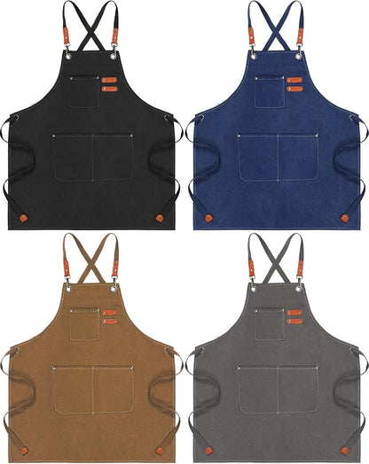 Toulite 4 Pack Canvas Chef Apron for Men with Adjustable Strap Cross Back Cotton Barber Apron with Pocket, 26 x 30''