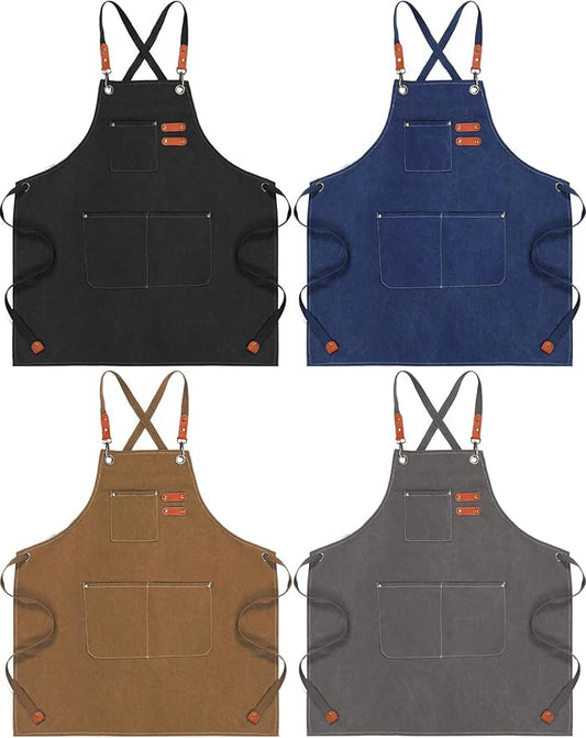 Toulite 4 Pack Canvas Chef Apron for Men with Adjustable Strap Cross Back Cotton Barber Apron with Pocket, 26 x 30''
