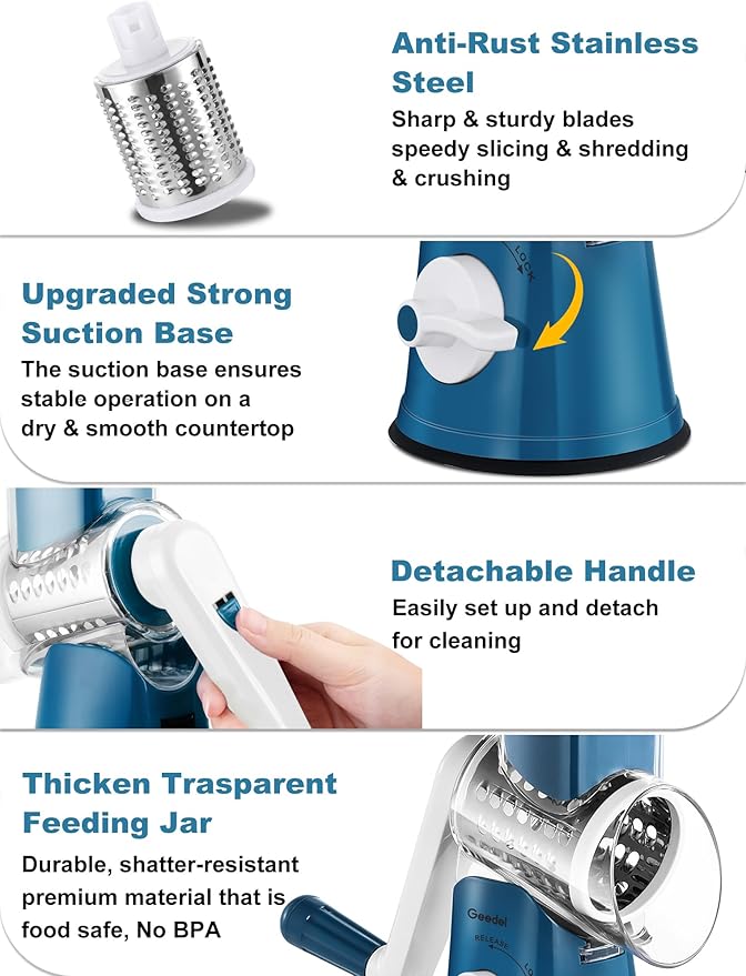 Geedel Rotary Cheese Grater Cheese Shredder - Upgraded 5-in-1 Cheese Grater with Handle and Strong Suction Base, Multi-purpose Vegetable Slicer Ice Shaver Nuts Grinder for Cheese, Vegetables, Ice