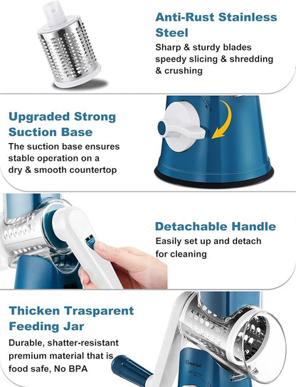 Geedel Rotary Cheese Grater Cheese Shredder - Upgraded 5-in-1 Cheese Grater with Handle and Strong Suction Base, Multi-purpose Vegetable Slicer Ice Shaver Nuts Grinder for Cheese, Vegetables, Ice