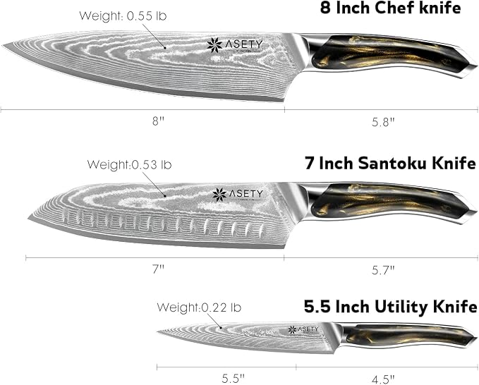 ASETY Damascus Knife Set 3 PCS: Ultra-Sharp Professional Chef Knife Set, Japanese Kitchen Knives with VG10 Steel Core, Full Tang Resin Handle, Elegant Box for Men Women, Fathers day