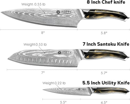 ASETY Damascus Knife Set 3 PCS: Ultra-Sharp Professional Chef Knife Set, Japanese Kitchen Knives with VG10 Steel Core, Full Tang Resin Handle, Elegant Box for Men Women, Fathers day