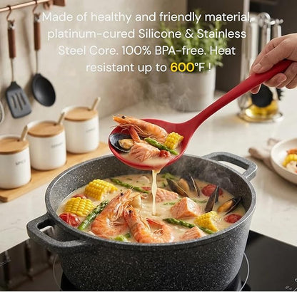 Skimmer Slotted Spoon 2PC Set, Heat Resistant 600 °F Slotted ladle Spoons For Kitchen Cooking. (Black & Red)