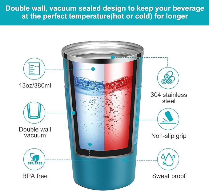YINJAM Travel Mug Reusable Insulated Coffee Cups Vacuum Insulation Stainless Steel Thermal Tumbler for Hot Cold Drinks (Blue, 380ml)