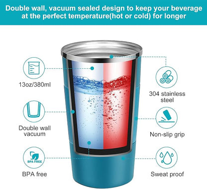 YINJAM Travel Mug Reusable Insulated Coffee Cups Vacuum Insulation Stainless Steel Thermal Tumbler for Hot Cold Drinks (Blue, 380ml)