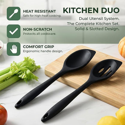 Silicone Kitchen Spoons Set - 2 Pack Heat-Resistant Utensils (Slotted & Solid Spoon) for Cooking, Baking - Non Stick, Dishwasher Safe (Black)