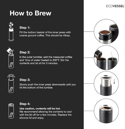 EcoVessel Travel French Press, Portable Coffee Maker, Stainless Steel Insulated Coffee Press, Reusable Single Serve Bottle for On-The-Go Use, 14oz (Black)