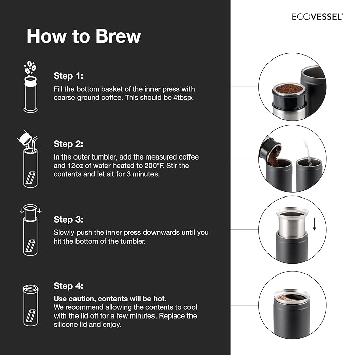 EcoVessel Travel French Press, Portable Coffee Maker, Stainless Steel Insulated Coffee Press, Reusable Single Serve Bottle for On-The-Go Use, 14oz (Stone)