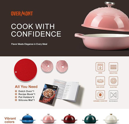Overmont 6QT Enameled Cast Iron Bread Oven — Taller Body for Even Baking, Durable & Easy-to-Clean, Includes Dome Lid, Cotton Potholders & Cookbook, Perfect for Home Bakers & Sourdough Enthusiasts