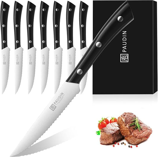 PAUDIN Steak Knives, Steak Knife Set of 8, Razor-Sharp Kitchen Knife Set 4.5 inch, High Carbon Stainless Steel Serrated Steak Set for Kitchen,Black Steak Knives