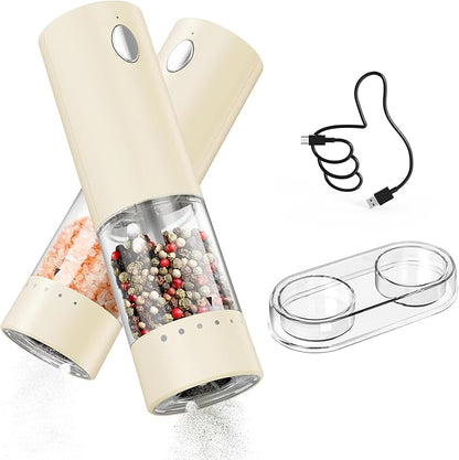 CIRCLE JOY Electric Salt and Pepper Grinder Set Rechargeable Salt and Pepper Mills with Storage Base, Adjustable Coarseness and LED White Light, Washable 95ml Container, Light Yellow