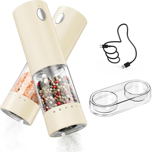 CIRCLE JOY Electric Salt and Pepper Grinder Set Rechargeable Salt and Pepper Mills with Storage Base, Adjustable Coarseness and LED White Light, Washable 95ml Container, Light Yellow