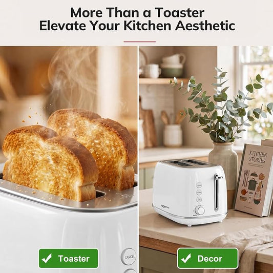 Keenstone Toaster 2 Slice, Retro Wide Slot Stainless Steel Toaster with 6 Browning Levels, Reheat & Defrost, for Bagel, Toast, Bread, Kitchen Essentials, Removable Crumb Tray, White