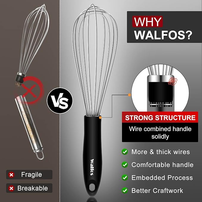 Stainless Steel Wire Whisk Set - 3 Packs Balloon Whisk, Thick Wire Wisk ＆ Strong Handles, Egg Frother for Cooking, Blending, Whisking, Beating and Stirring (7"+9"+11")