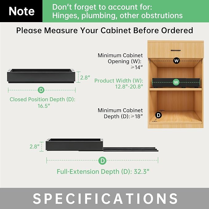 Pull out Cabinet Organizer, 2 pack, 16.5" Deep Heavy Slide out Drawers, Upgrade Three Triple-Slide Rail Systems, Expandable 12.8"-20.8" Roll out Shelf Storage for Kitchen Base Cabinet Organization