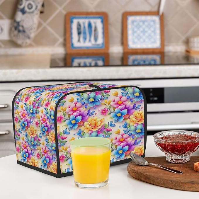 Flowers Art Toaster Cover 4 Slice Wide Slot Washable Toaster Covers | Rainbow Art Dust and Fingerprint Protection Bread Maker Covers for Kitchen Accessories Decor Bakeware Women Gift
