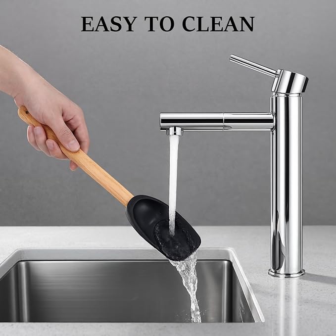 CHENGU 3 Pcs Spoonula Shaped Silicone Spoon with Wooden Handle Holiday Kitchen Utensil Gift Set Black Spoonula Spatula Non-stick Cooking Tools for Mixing Stirring and Baking