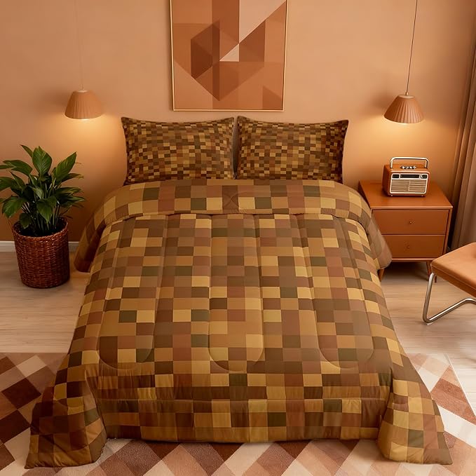 Manfei Pixelated Kids Comforter Set Twin Size,Miners Lattice Games Bedding Set for Teens Adults Bedroom Decor,Abstract Simple Grid Duvet Insert,Brown Quilted Duvet Set with 1 Pillowcase