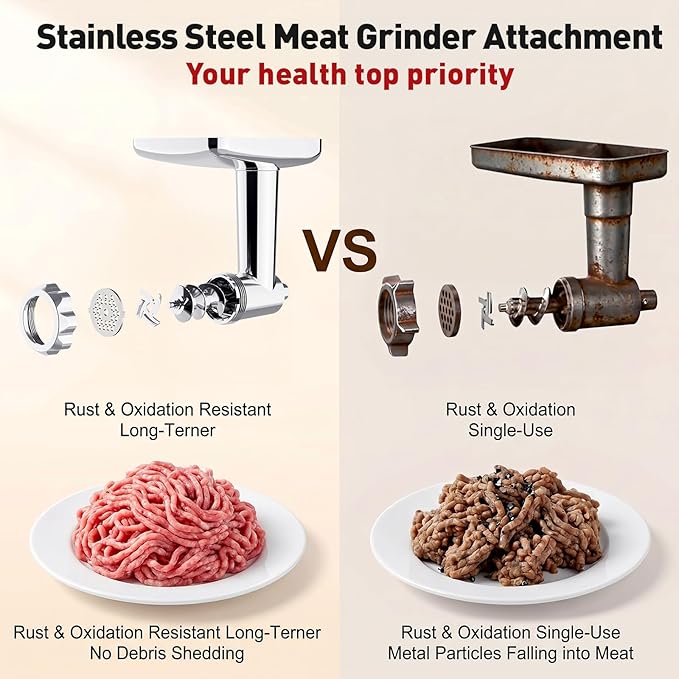 Stainless Steel Meat Grinder for KitchenAid Mixer, Meat Grinder with Meatball Maker, Sausage Stuffer, Dishwasher Safe, Compatible with All KitchenAid Stand Mixers