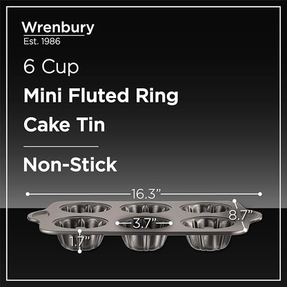 Wrenbury Set of 2 Nonstick Mini Buntz Cake Pan Non Stick for Baking - 6 Cup Bundlette Fluted Cake Tin for Small Cakes - PFOA Free and Dishwasher Safe - 3.75” Cup Width