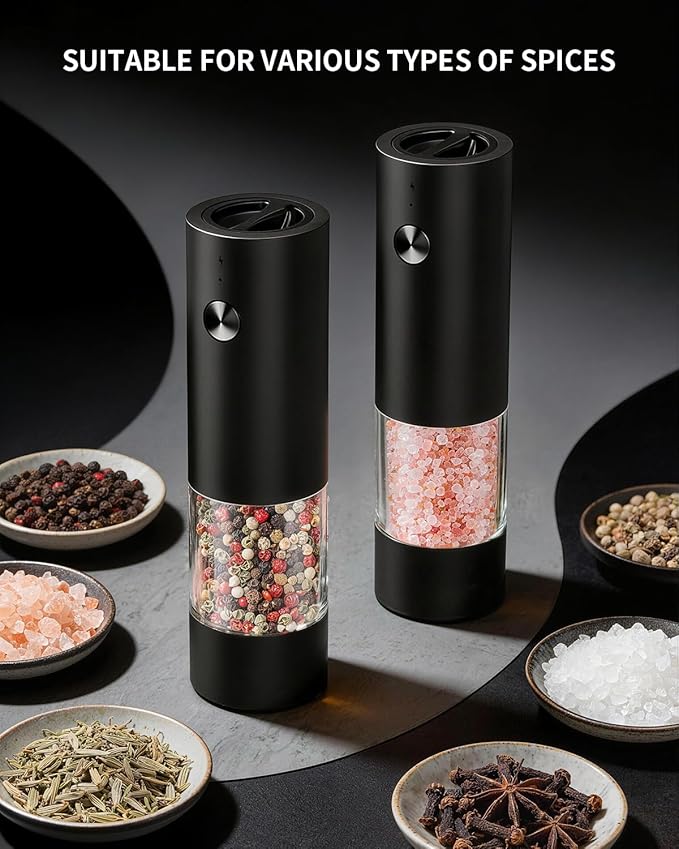 CIRCLE JOY Electric Salt and Pepper Grinder Set with Charging Base, Rechargeable Automatic Pepper Mill, Adjustable Coarseness, LED Light, 140ml Large Capacity