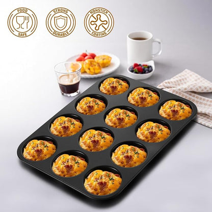 E-far 12-Cavity Muffin Top Pan, 3 Inch Nonstick Shallow Cupcake Pan for Yorkshire Pudding, Eggs, Whoopie Pie, Cornbread, Easy Release & Clean, Standard Size