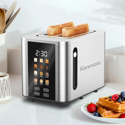 Kenmore 2-Slice Toaster - Color Touch Screen & 6 Shade Settings, Extra Wide Slots, Digital Countdown Timer, Customizable Smart Presets, Reheat, Defrost, Add Time Functions, Stainless Steel